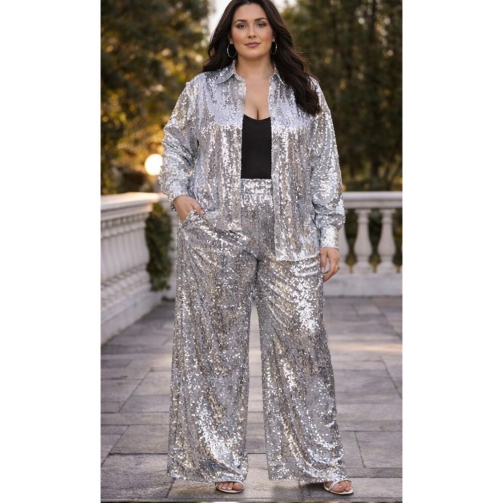 Silver sequin plus size button down blouse and pants